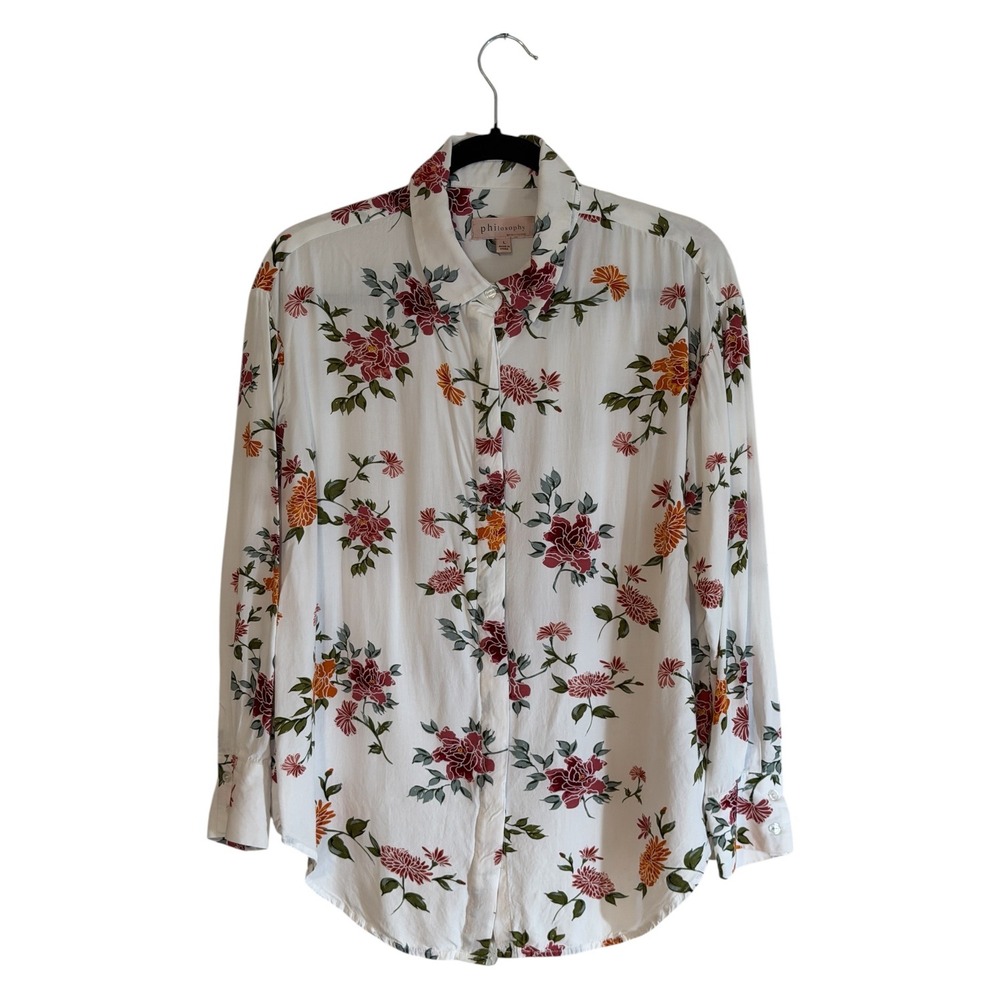 Philosophy Republic Clothing Floral Button Down Shirt White L Womens Long Sleeve
